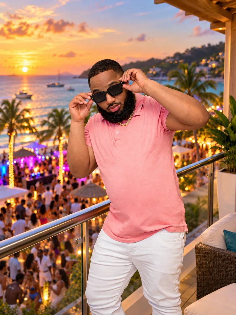 DJ Q Luv on a balcony above a beach party at sunset