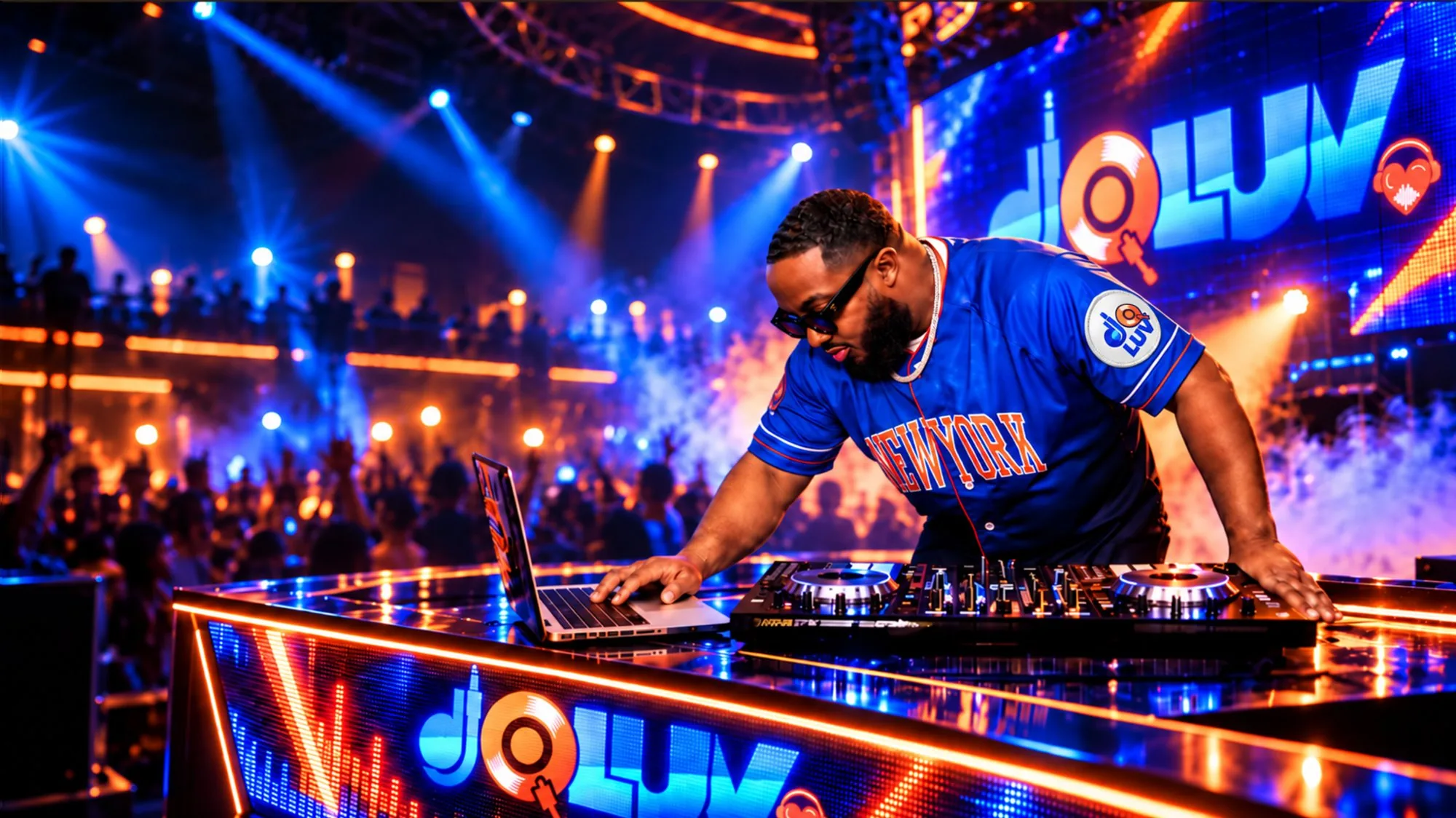 DJ Q Luv performing at a lit DJ booth in front of a crowd