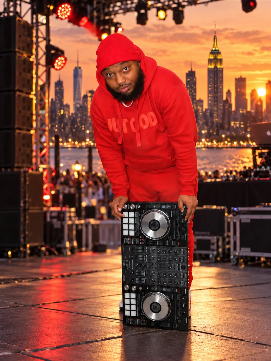 DJ Q Luv with a controller on an outdoor stage at sunset